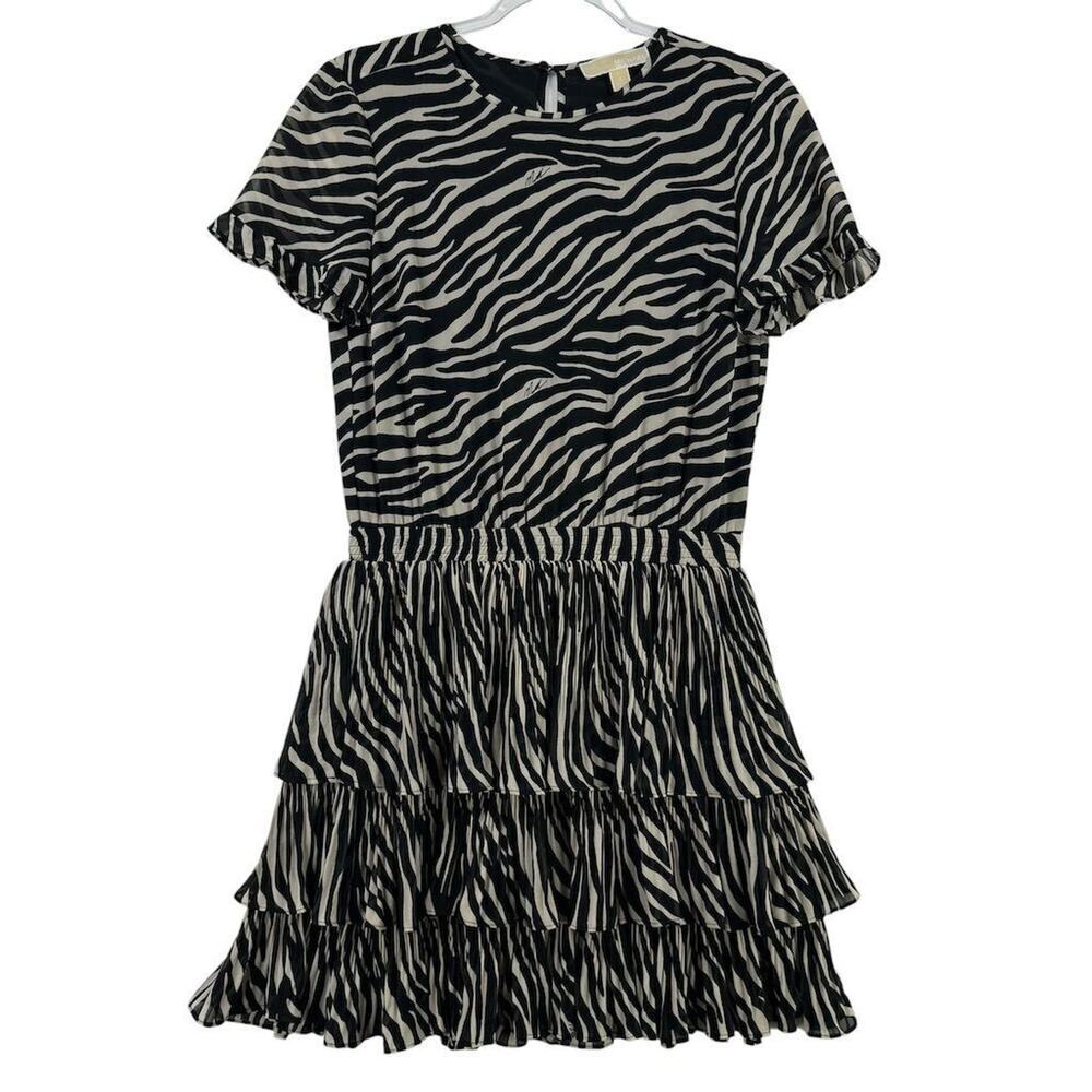 Michael Kors Zebra‎ Print Midi Dress V-Neck Flutter Sleeve M Tired Ruffle Boho